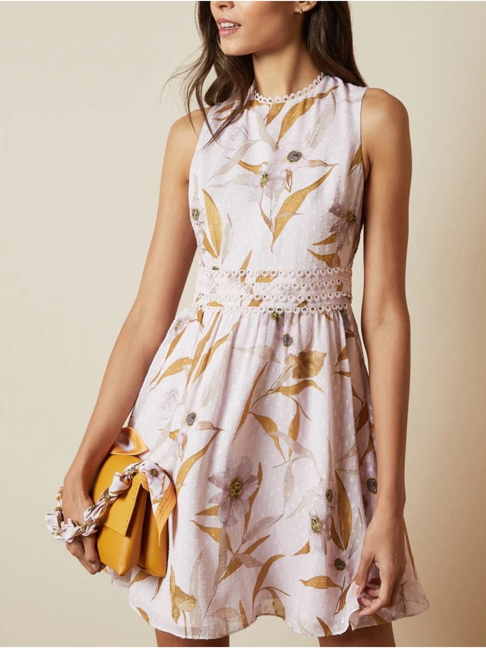 Ted Baker Pale Pink Dress with Gold Floral Print  Rontie  Skater size 3